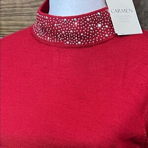 Carmen Marc Valvo Red long sleeve knitwear with Studded Neckline NWT